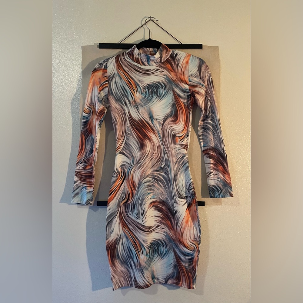 Fashion Nova Long Sleeve Mini Multicolor Dress
